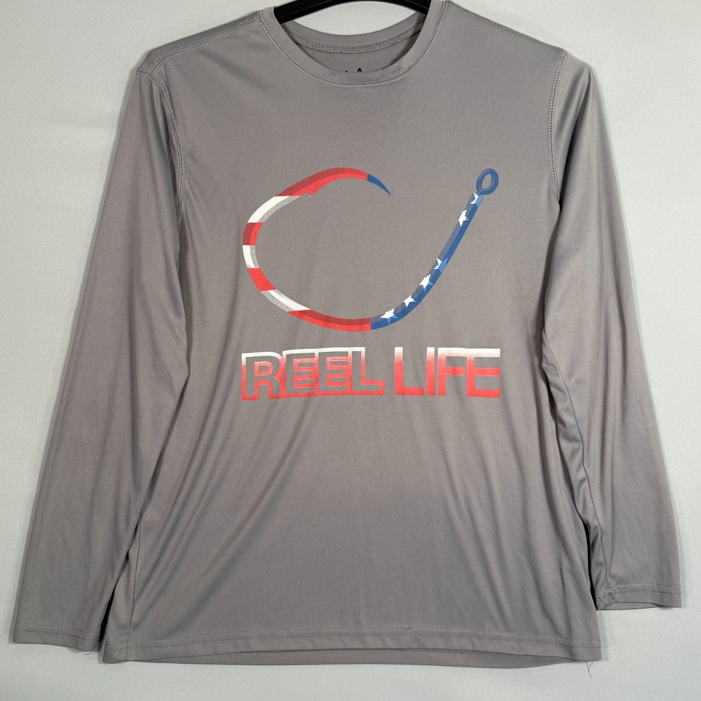 Reel Life Men's Medium Long Sleeve Fishing Shirt Gray Fishing Hook USA Flag Des‎
